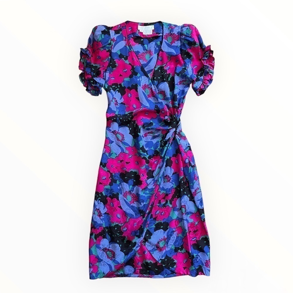 Vintage Flora Kung Silk Floral Puff Shoulder Midi Wrap Dress Blue Pink Small